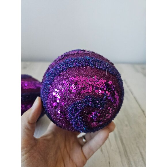 Purple sequin stripe beaded large ornament unique set Xmas tree - Picture 3 of 6